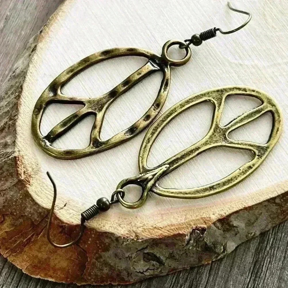 Peace sign hippie earrings hippy accessories bronze tone bohemian retro jewelry - Picture 7 of 9